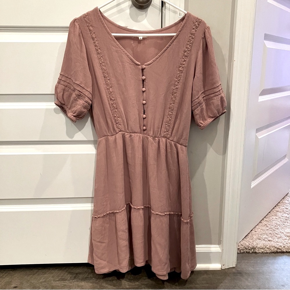 Maurices dress a-line gauze crinkle fabric mauve pink pleat ruffle details lace